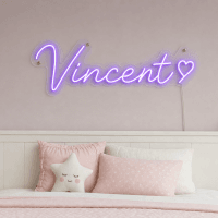 Vincent Name LED Neon Sign - electric purple cursive script with heart on contour cut acrylic