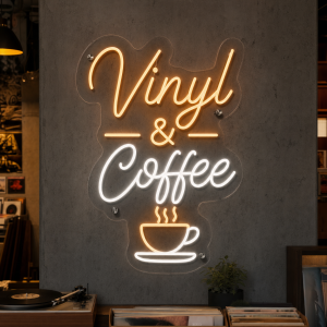 vinyl-and-coffee-neon-sign Vinyl and coffee neon sign glowing on wall