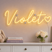 Violet Name LED Neon Sign - warm golden yellow cursive script with heart on contour cut acrylic