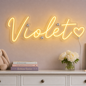Violet Name LED Neon Sign - warm golden yellow cursive script with heart on contour cut acrylic