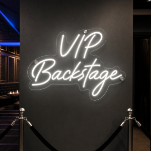 VIP Backstage LED neon sign glowing in a venue