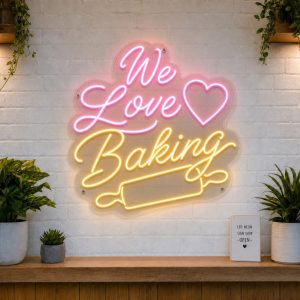 we-love-baking-led-neon-sign We Love Baking LED neon sign with heart, rolling pin, and cupcake icons on clear acrylic backing