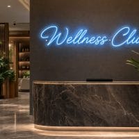 A vibrant 'Wellness Club' neon sign in Ice Blue, mounted on a clear acrylic backing with silver screws, illuminating a serene recovery spa room.