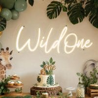 Custom Wild One LED neon sign for first birthday parties and kids celebrations. Contour-cut acrylic