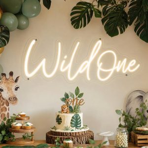 Custom Wild One LED neon sign for first birthday parties and kids celebrations. Contour-cut acrylic