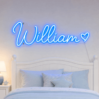 William Name LED Neon Sign - electric blue cursive script with heart on contour cut acrylic