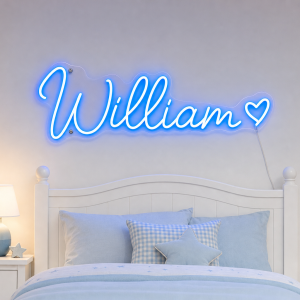 William Name LED Neon Sign - electric blue cursive script with heart on contour cut acrylic