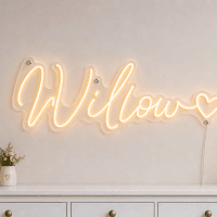 Willow Name LED Neon Sign - warm amber cursive script with heart on contour cut acrylic