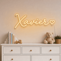 Xavier Name LED Neon Sign - warm amber cursive script with heart on contour cut acrylic