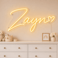 Zayn Name LED Neon Sign - warm golden yellow cursive script with heart on contour cut acrylic