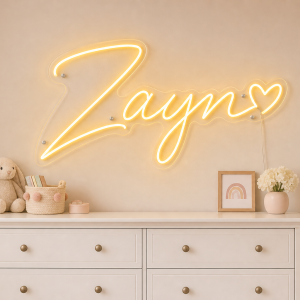 Zayn Name LED Neon Sign - warm golden yellow cursive script with heart on contour cut acrylic
