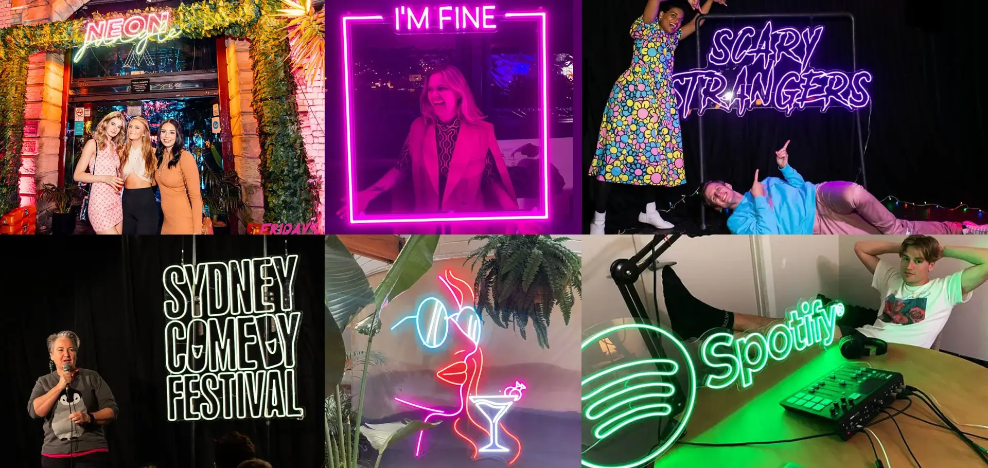 Custom Neon Sign Portfolio Collage – Bar, Restaurant, Retail and Event Signs by Beyond Neon Signs Collage of six custom neon sign installations including Neon Jungle bar, I'm Fine frame sign, Scary Strangers, Sydney Comedy Festival, cocktail lady neon art and Spotify logo neon sign