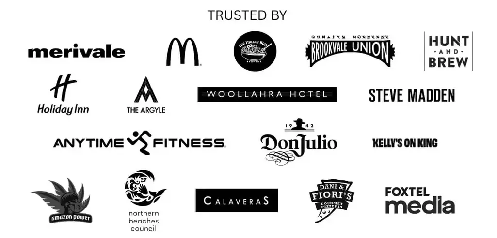 Beyond Neon Signs Trusted by Leading Australian Brands Trusted by logo grid showing 15 Beyond Neon Signs clients including Merivale, McDonald's, Woollahra Hotel, Steve Madden, Anytime Fitness, Don Julio, Holiday Inn and Foxtel Media